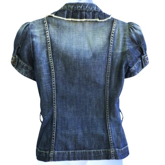 Guess Vintage Y2K Denim Puff Short Sleeve Blazer Jacket Pockets Ruffle Shawl M - Picture 2 of 6